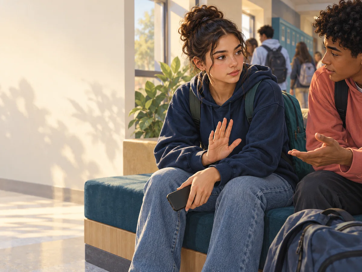 A student pauses before sharing something on a phone.