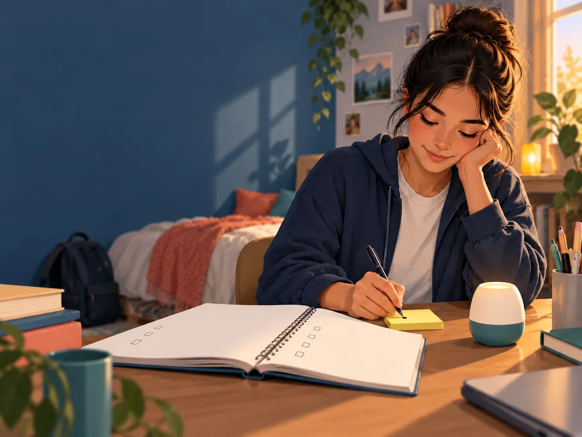 A student makes one small start on a sticky note.